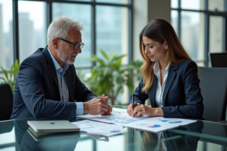 Homme et femme en tenue d'affaires discutant de documents d'investissement