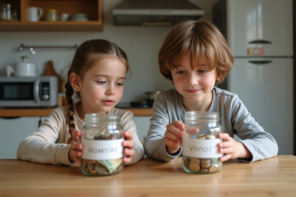 Deux enfants trient des pièces et billets dans la cuisine