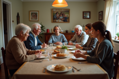 Famille multigeneration réunie autour d'une table à manger