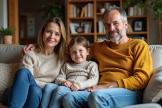 Famille multigeneration assise sur un canapé dans un salon chaleureux