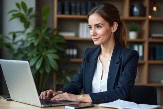 Femme professionnelle en bureau moderne avec ordinateur