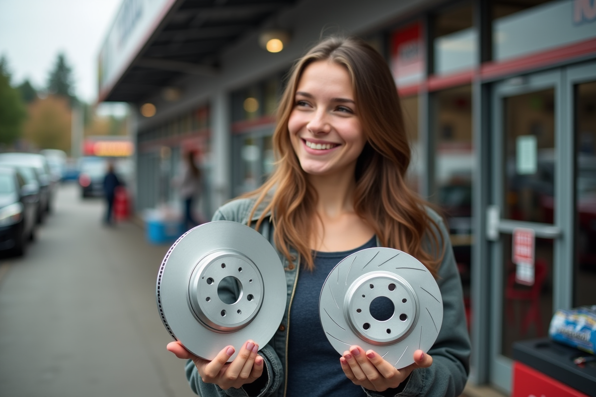 Jeune femme comparant deux disques de frein dehors
