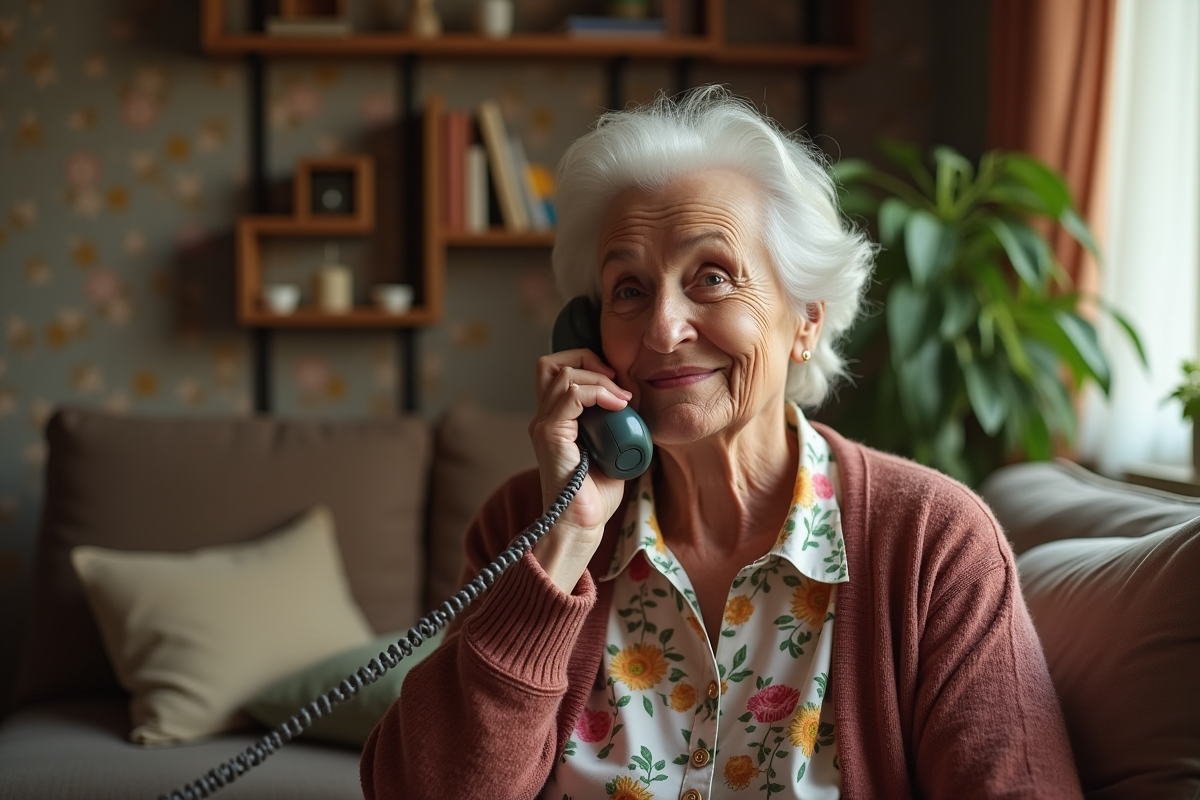 Femme âgée avec téléphone fixe dans un salon chaleureux
