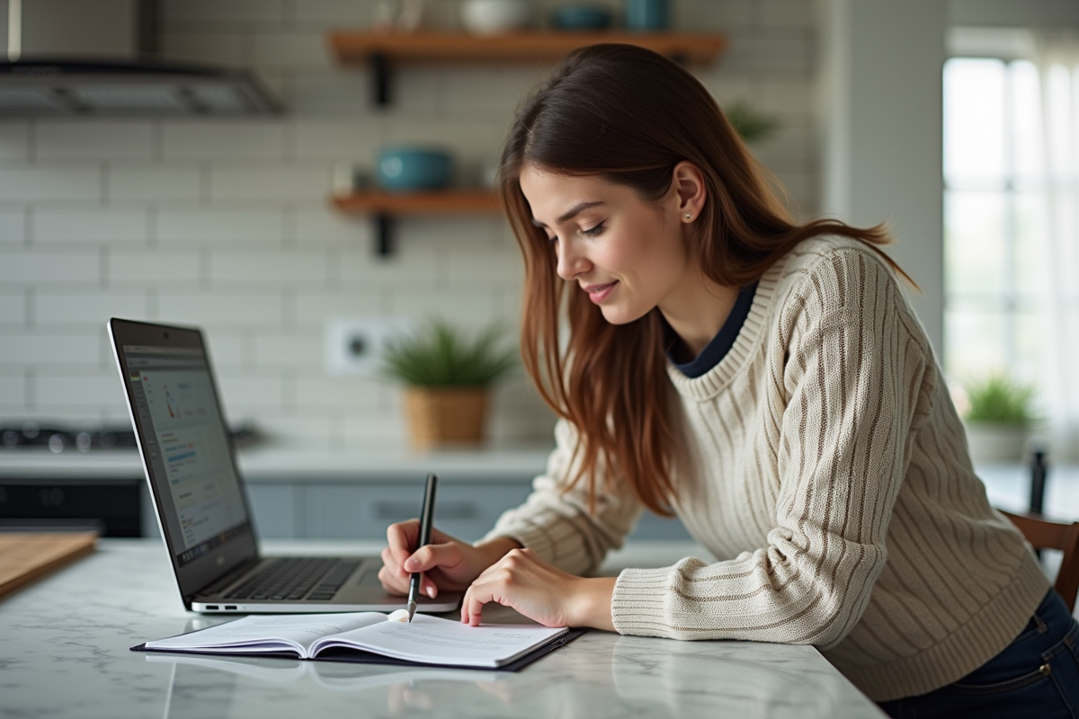 Jeune femme analysant ses finances sur un ordinateur dans la cuisine