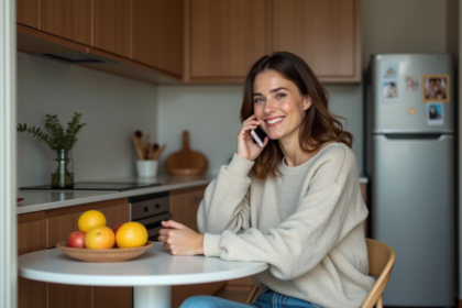 Femme souriante parlant au smartphone dans la cuisine moderne