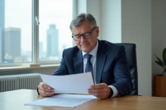 Homme d'affaires en costume lisant des documents