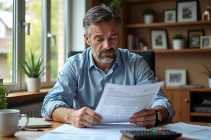 Homme d'âge moyen vérifiant ses contrats d'hypothèque dans un bureau chaleureux
