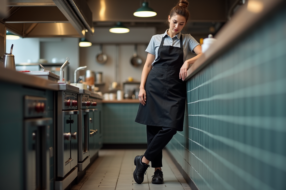 Jeune femme en cuisine examinant ses chaussures de sécurité