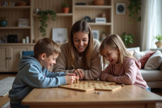 Jeune fille responsable jouant avec deux enfants dans un salon chaleureux