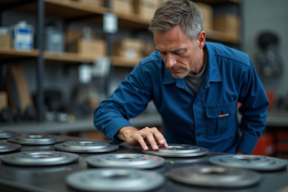 Mécanicien homme examinant disques de frein en atelier