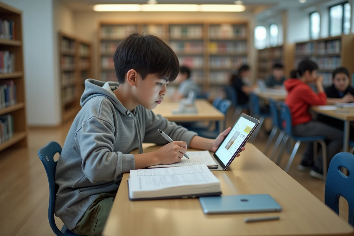 Adolescent étudiant parcourant manga sur tablette en bibliothèque