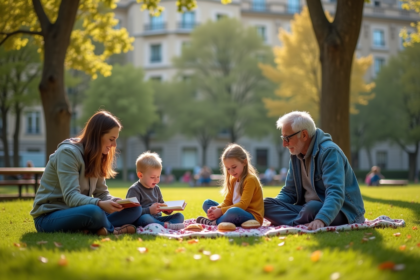 Trois familles dans un parc urbain en France