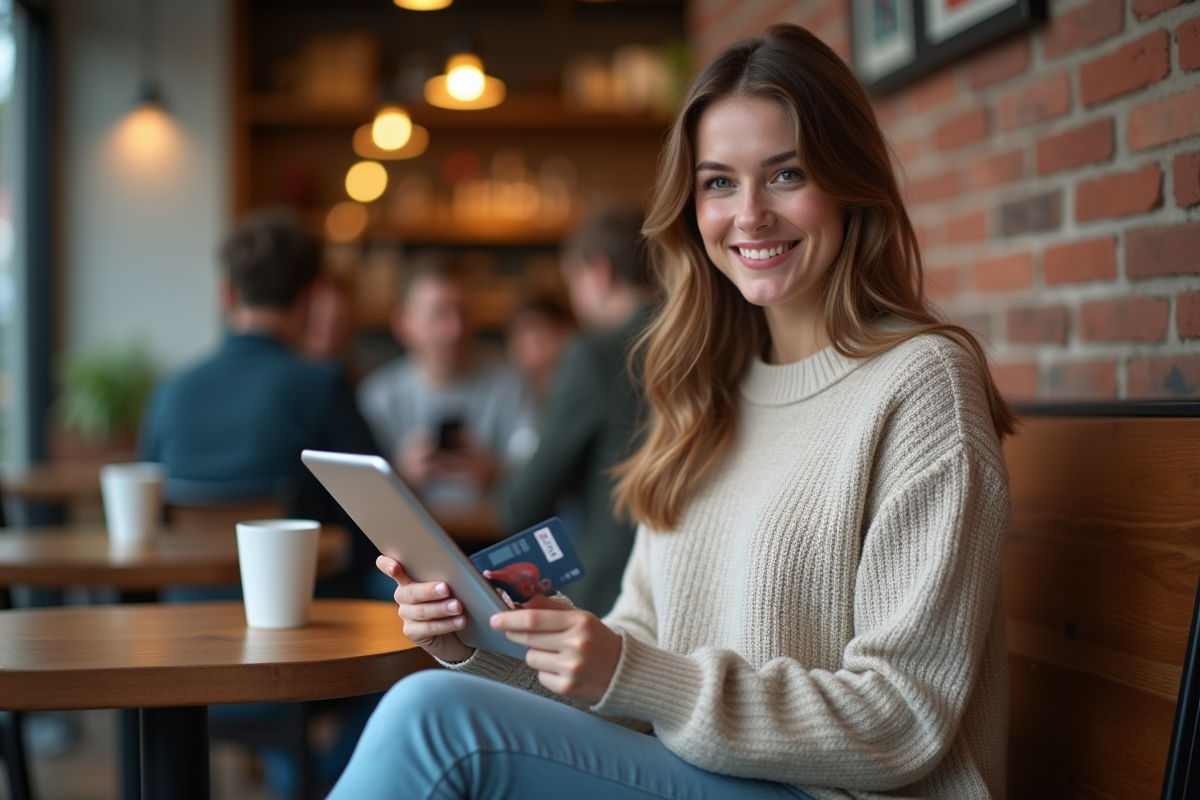 Jeune femme souriante effectuant une transaction en ligne au café