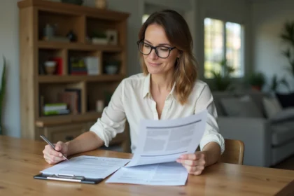 Femme d'âge moyen lisant des documents immobiliers à la maison
