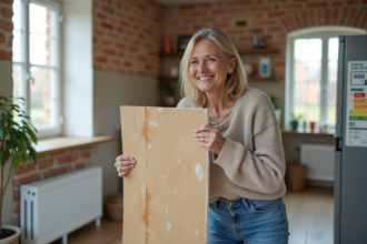 Femme examine un panneau d'isolation dans son appartement lumineux