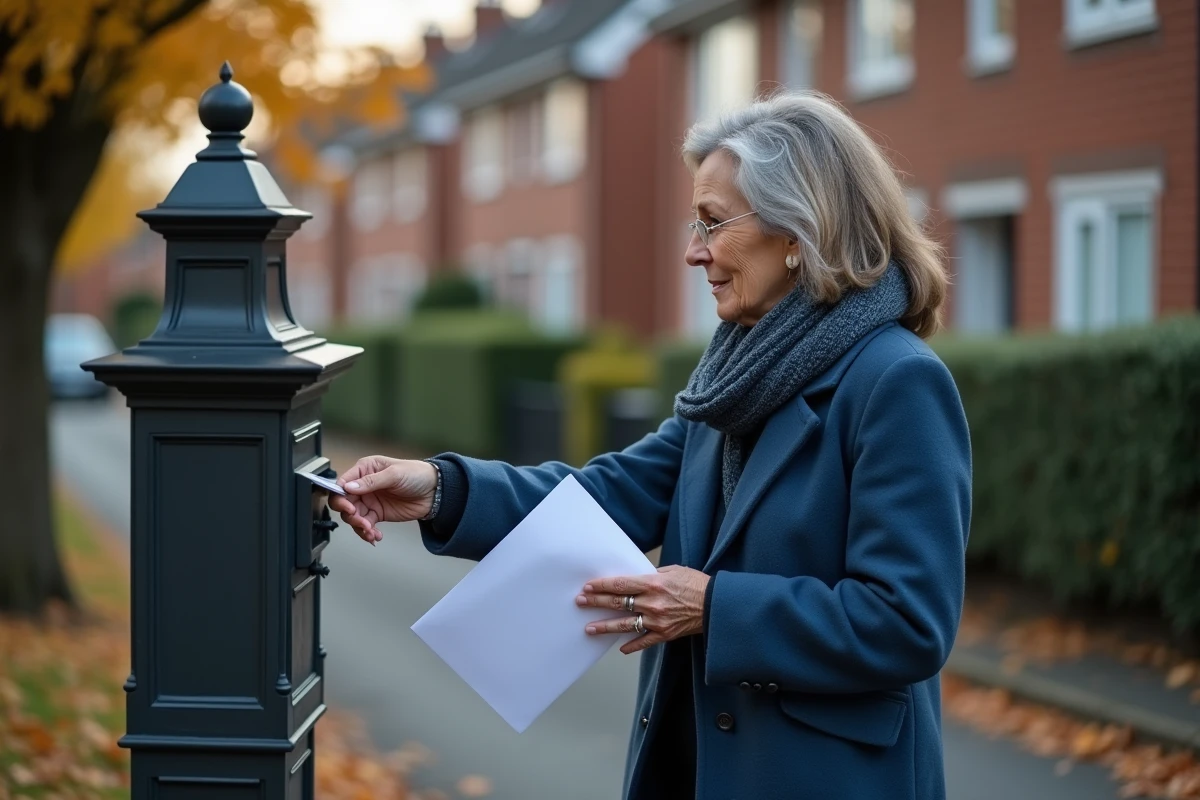 Femme en manteau bleu vérifiant une enveloppe devant une boîte aux lettres
