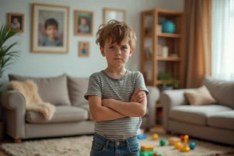 Garçon de 10 ans au regard défiant dans un salon familial