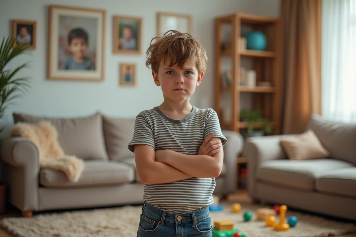 Garçon de 10 ans au regard défiant dans un salon familial