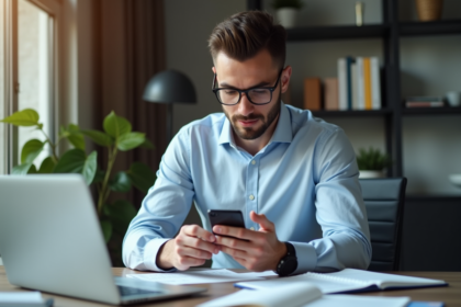Homme en costume vérifiant ses documents financiers dans un bureau moderne