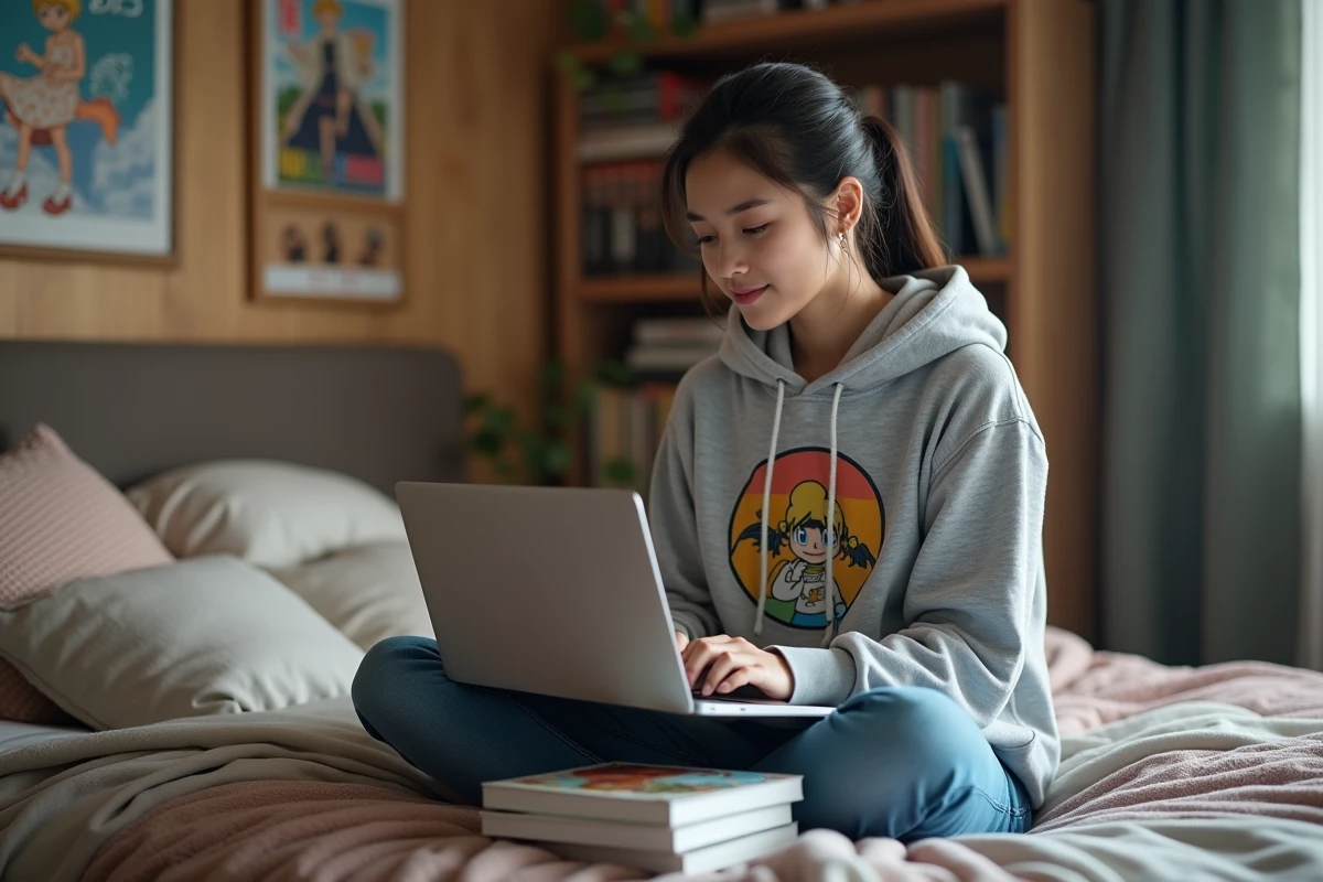 Jeune femme lisant manga sur un lit cosy dans sa chambre