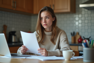 Jeune femme avec documents à la maison