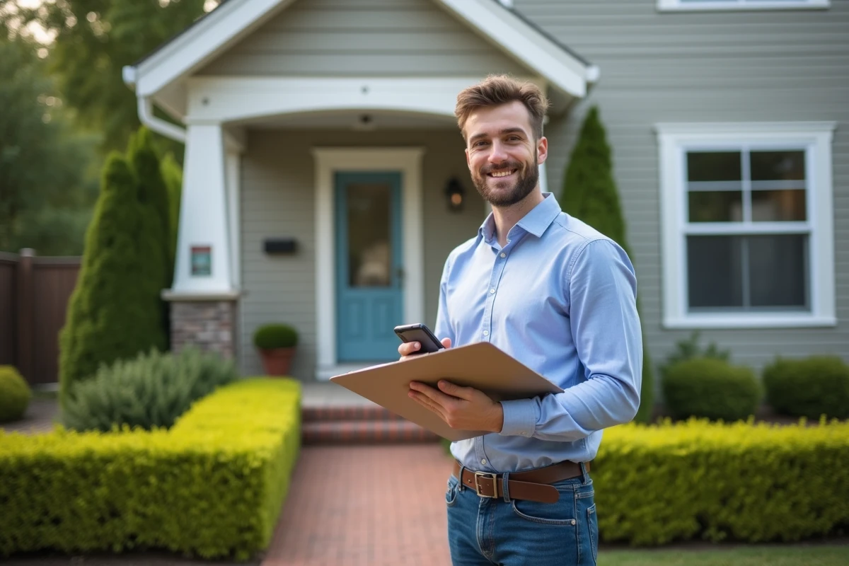 Jeune homme devant une maison résidentielle avec un clipboard