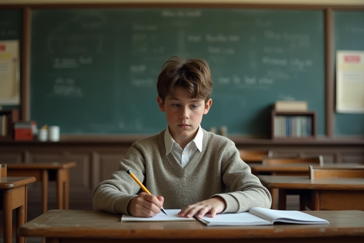 Adolescent en classe française étudiant ses notes