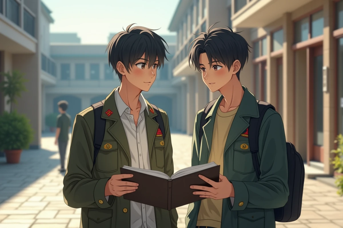 Deux jeunes militaires anime dans une cour ensoleillee