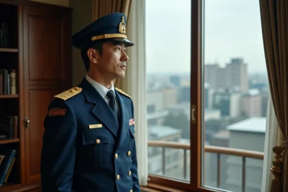 Officier japonais en uniforme regardant par la fenêtre