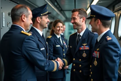 Groupe d'officiers et marins français en uniforme sur un navire
