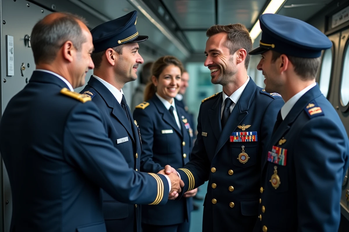 Groupe d'officiers et marins français en uniforme sur un navire
