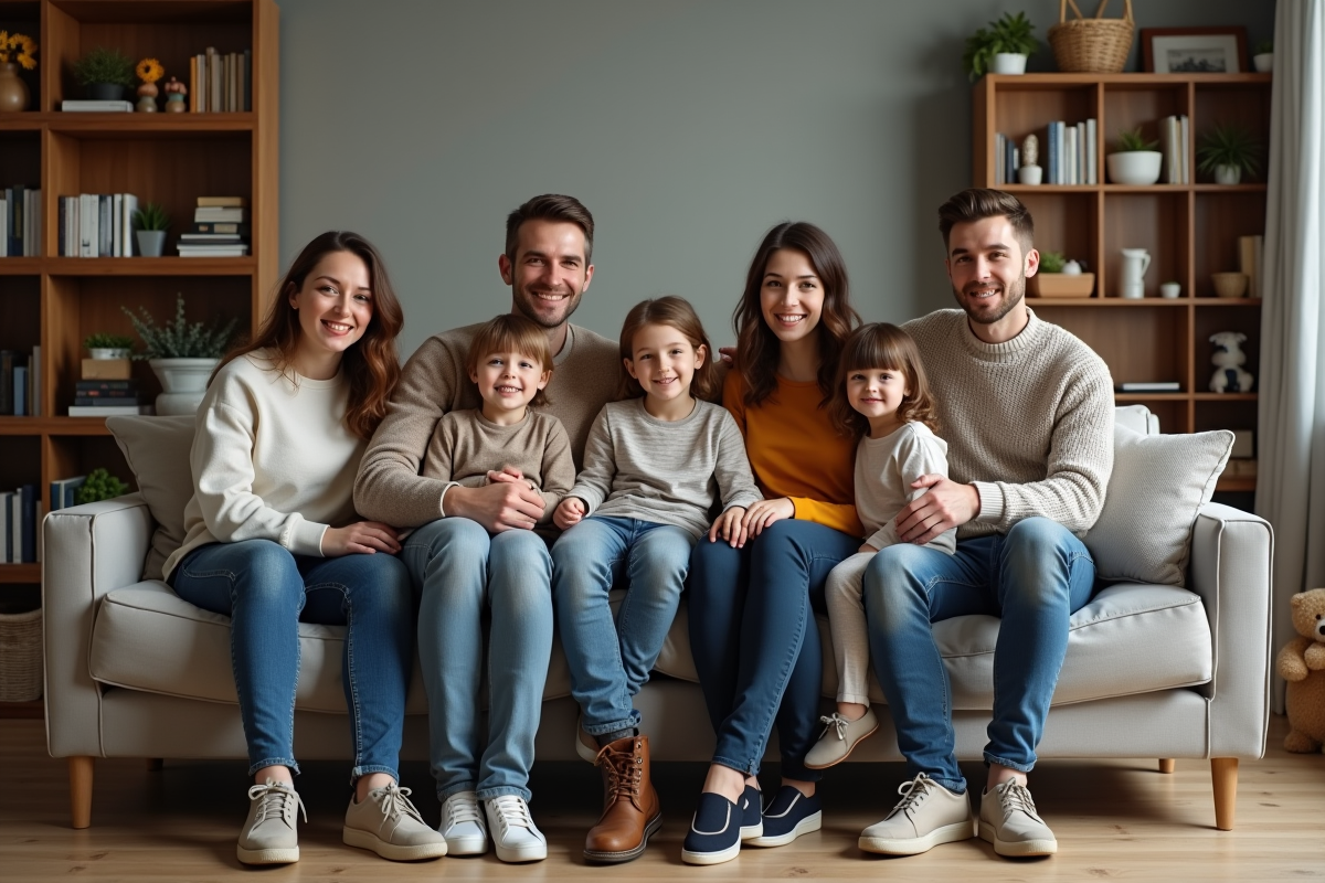 Familles posant dans un salon moderne français