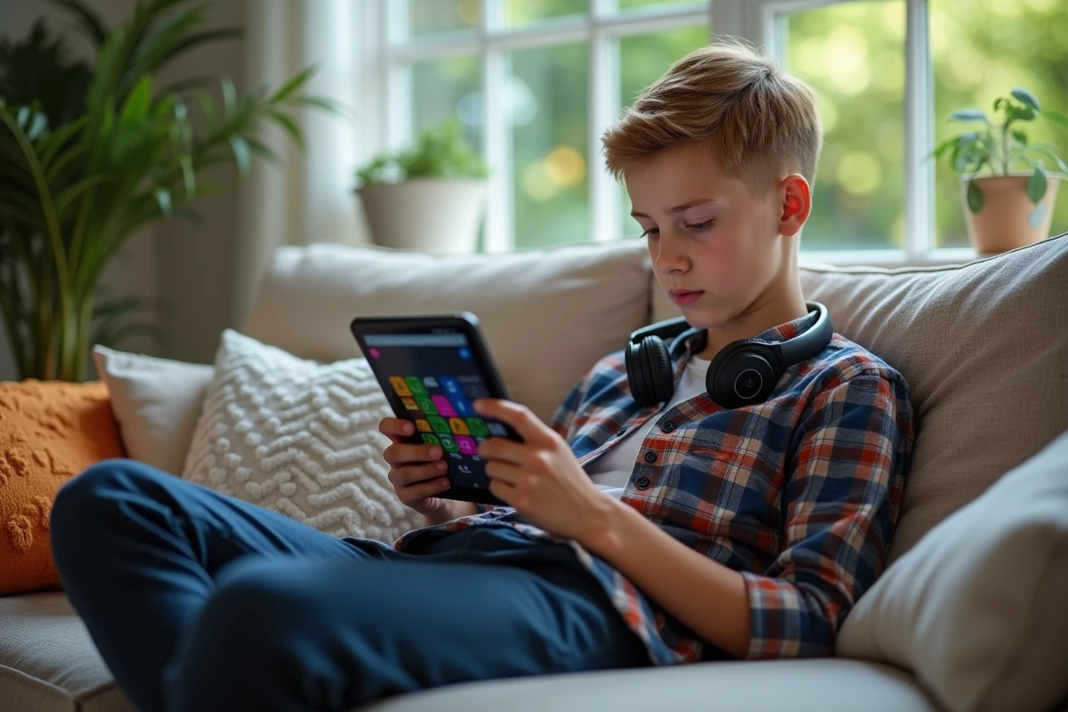 Adolescent jouant à un jeu de mots sur sa tablette dans le salon