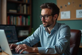 Homme utilisant un calculateur de champ magnétique sur son ordinateur