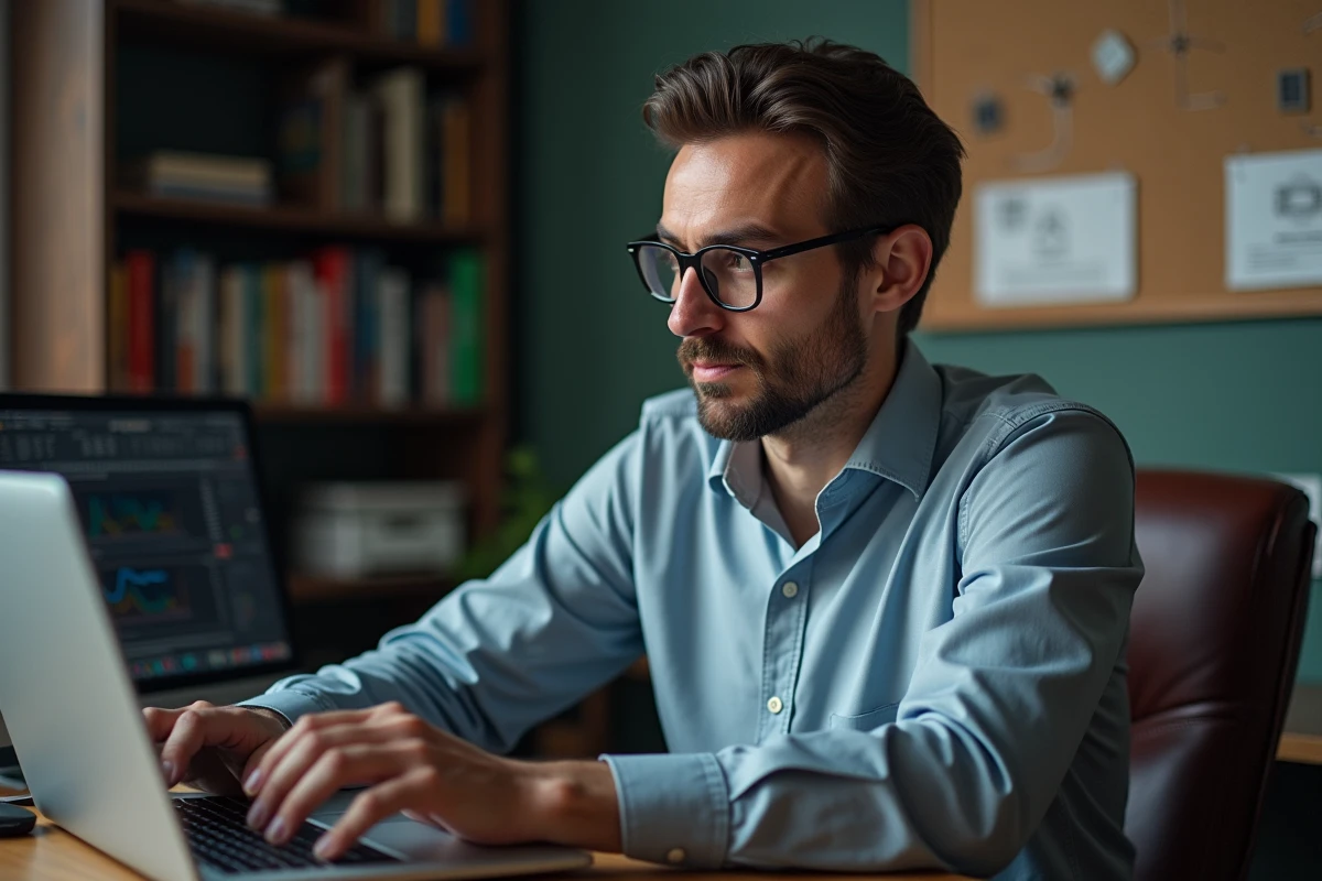 Homme utilisant un calculateur de champ magnétique sur son ordinateur