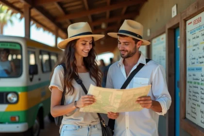 Jeune couple à Madagascar examine une carte au soleil