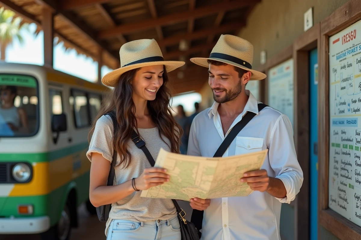 Jeune couple à Madagascar examine une carte au soleil