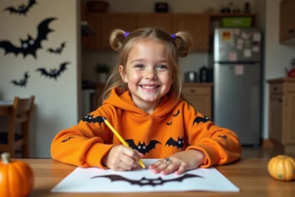 Jeune fille coloriant un dessin de chauve-souris Halloween