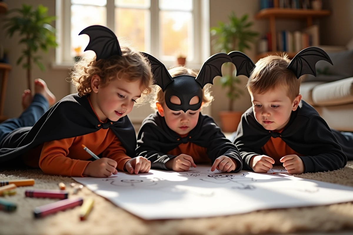 Trois enfants déguisés en personnages Halloween dessinant des chauve-souris