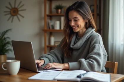 Femme concentrée travaillant sur son ordinateur le matin