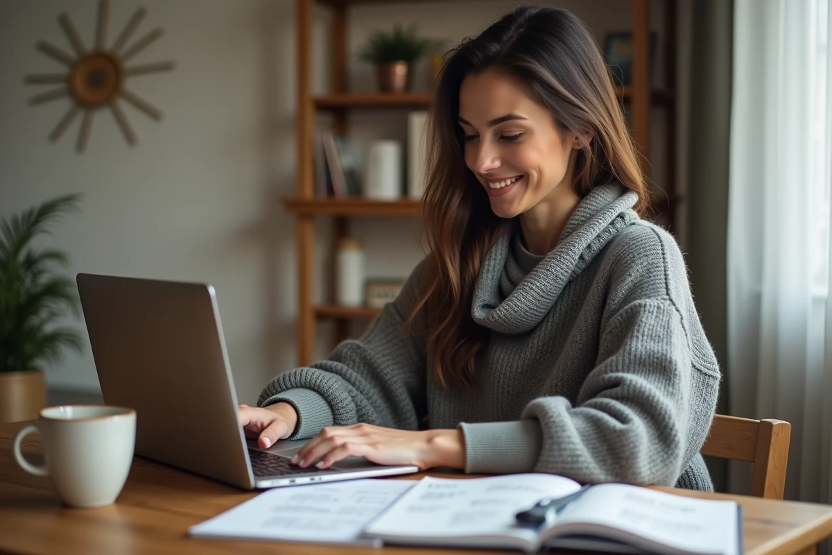 Femme concentrée travaillant sur son ordinateur le matin