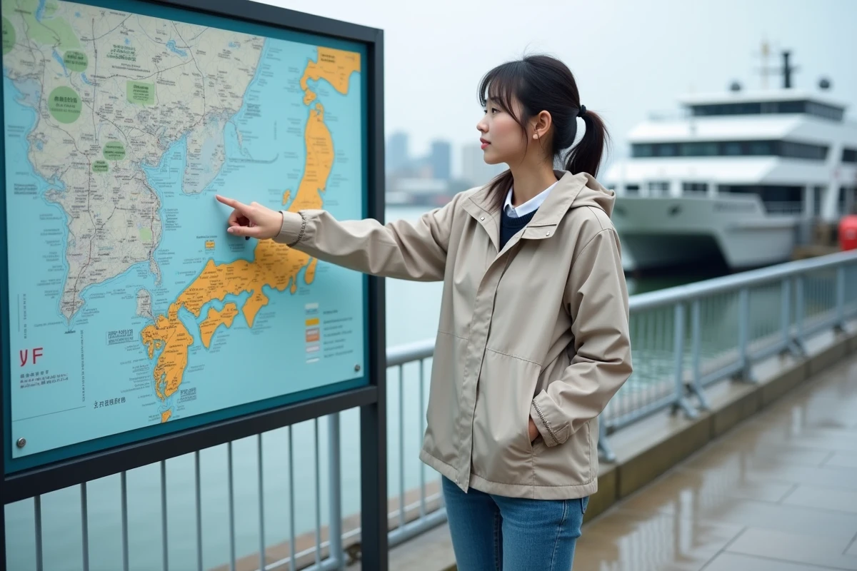 Jeune femme japonaise pointant une carte du port avec panneau d info