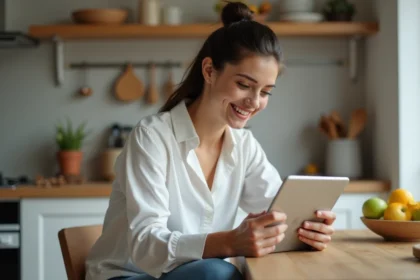 Jeune femme utilisant une tablette dans la cuisine lumineuse
