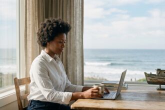 Femme concentrée au bureau face à la mer en intérieur