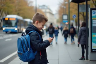 Garçon souriant avec sac à dos bleu regardant son smartphone dans Paris
