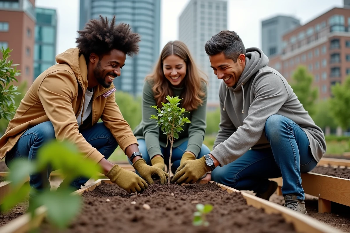 Groupe divers plantant des arbres dans un jardin urbain