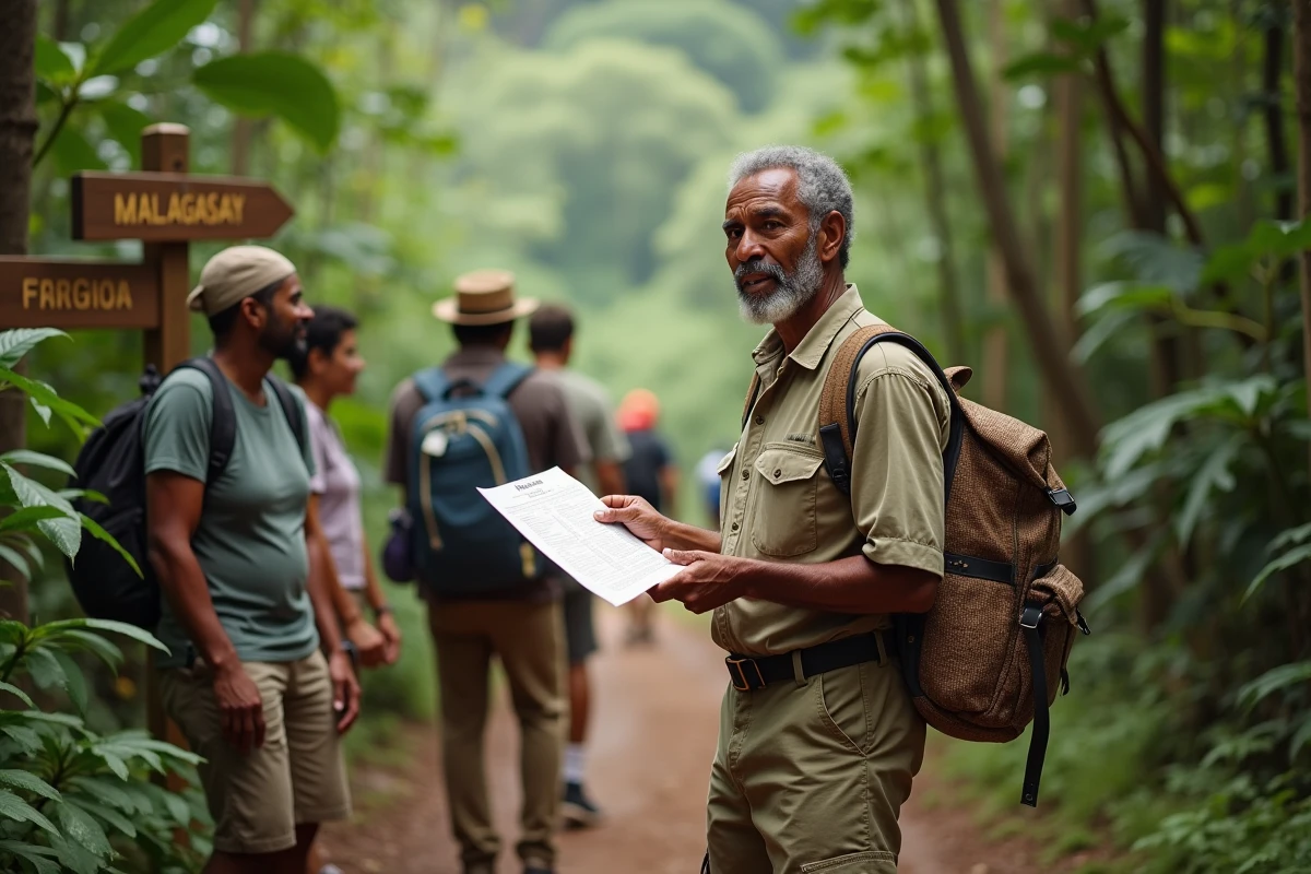 Guide malgache parle avec touristes dans la forêt tropicale