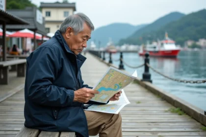 Homme japonais étudiant une carte au port avec dock en bois