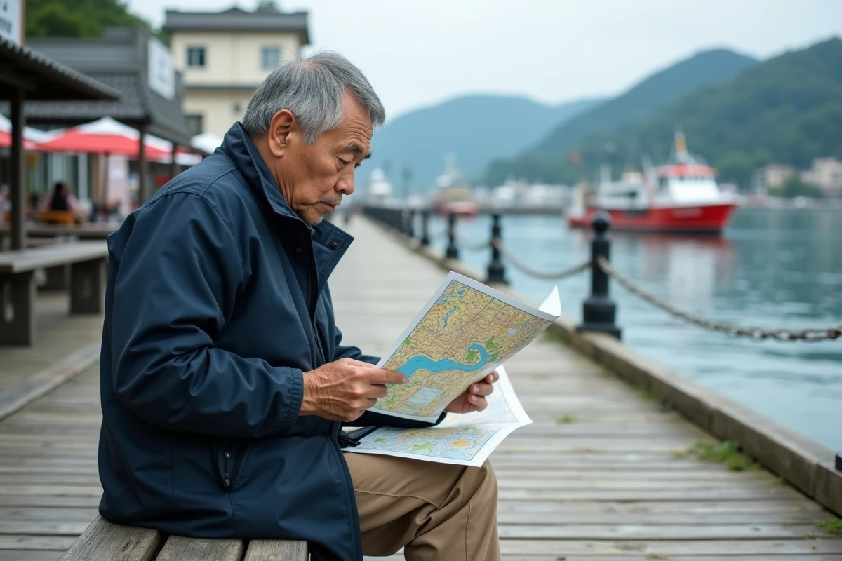 Homme japonais étudiant une carte au port avec dock en bois