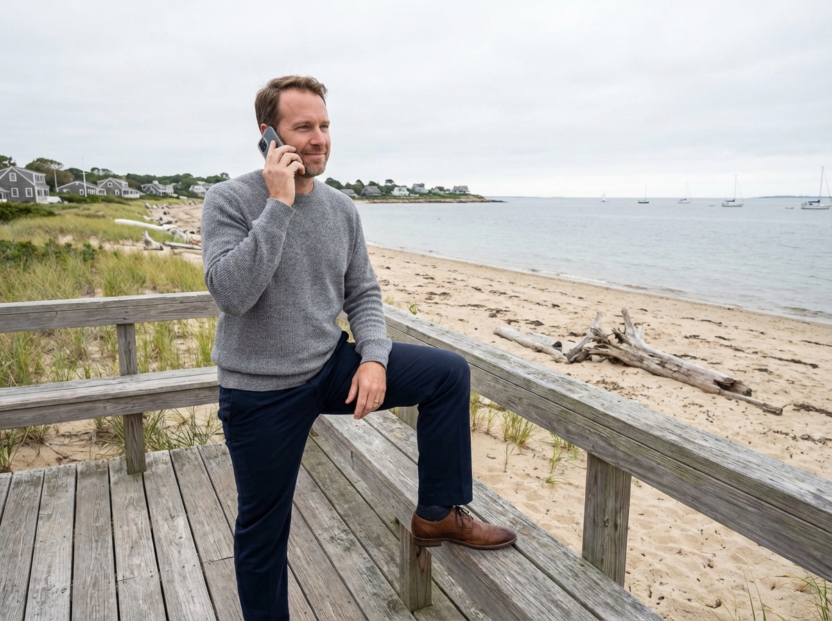 Homme au téléphone sur le ponton face à la mer
